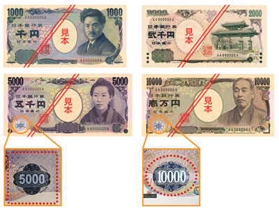 お札が2行2列で並べられている。左上からE千円券、D二千円券、次の行にE五千円券、E一万円券の順に並んでおり、E五千円券とE一万円券の左下にあるホログラムの透明層はそれぞれ拡大表示されている。赤い枠線で囲まれ、形が分かりやすくなっている。